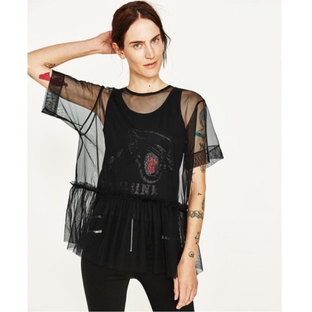 Zara Printed Tank with Sheer Tulle Overlay